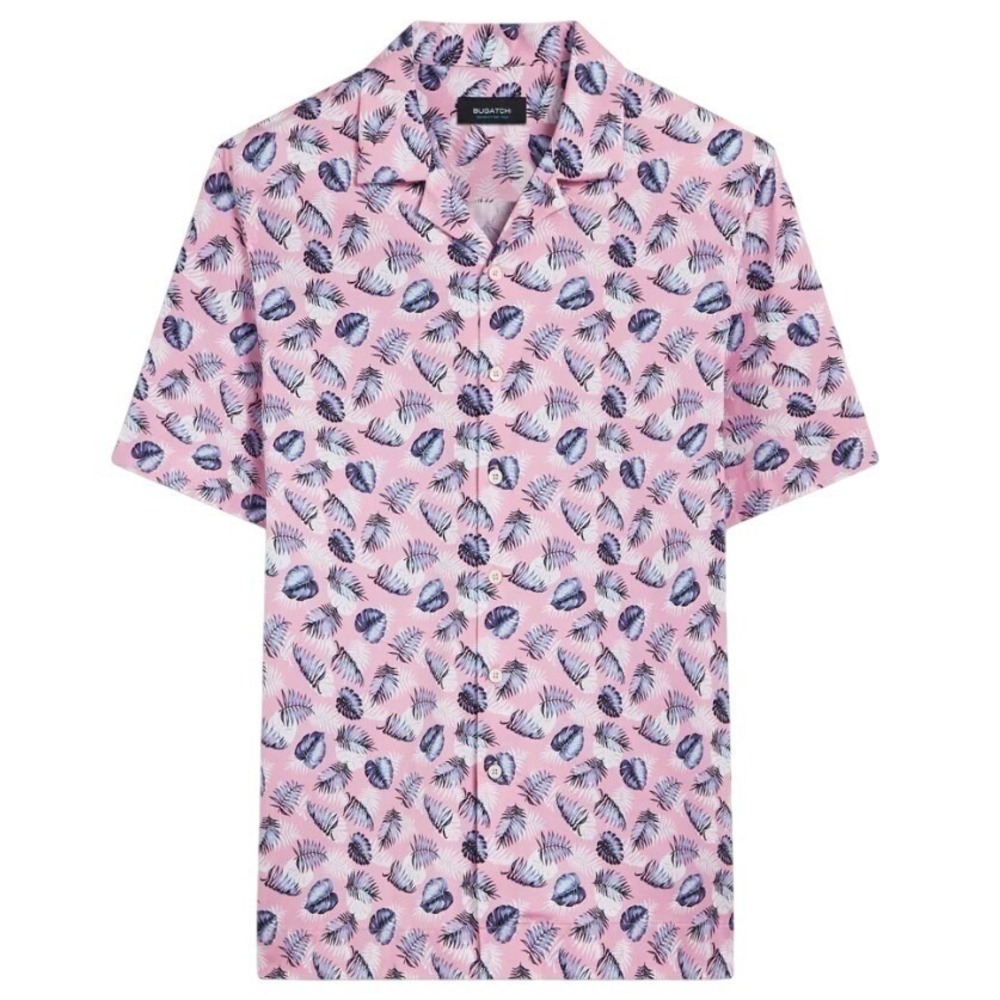 Bugatchi Mens Large Pink Cole Leaf Print OoohCotton Camp Short Sleeve Shirt